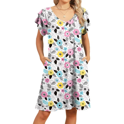 Ohsisa 2025 Women's Fashion V-Neck Pocket Print Double Layer Ruffle Sleeve Short Dress Floral Pattern Front Woman Dress - 图片 4