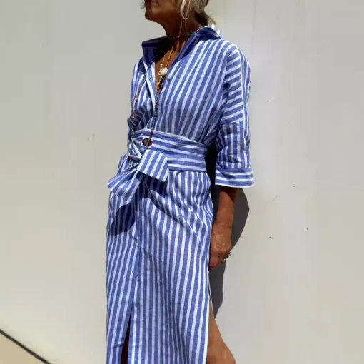 Ohsisa 2025 Spring European and American Women's New Half Sleeve Striped Cardigan Lapel Shirt Long Women's Dress - 图片 5