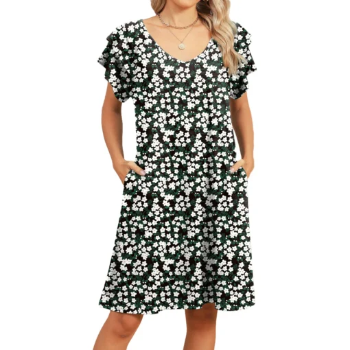 Ohsisa 2025 Women's Fashion V-Neck Pocket Print Double Layer Ruffle Sleeve Short Dress Floral Pattern Front Woman Dress - 图片 2