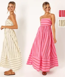 Ohsisa 2025 Women Dress Striped Sleeveless Backless Flared Chiffon Casual Summer Natural Front Placement Square Collar Dress