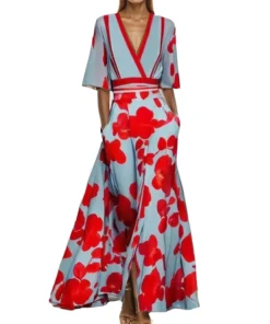 Ohsisa 2025 Summer Women's New Fashionable and Elegant V-neck Half Sleeve Printed Casual Long Dress
