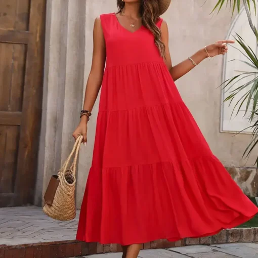 2025 Women's Elegant Holiday V Neck Dress Solid Color A-Line Cake Skirt with Loose Layered Patchwork Hem Summer Chiffon Material - 图片 3