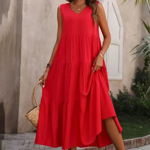 2025 Women's Elegant Holiday V Neck Dress Solid Color A-Line Cake Skirt with Loose Layered Patchwork Hem Summer Chiffon Material - 图片 2