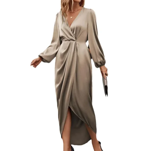 2025 Women's Elegant Cross-Neck Pleated Slit Puff Sleeves Asymmetrical Floor-Length Skirt Plain Dyed Summer New Casual Style