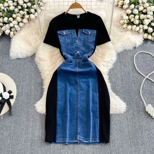 Summer Korean Style Ladylike Short Sleeve Round Neck Waist-Cinching Slimming Denim Splicing A-Line Women's Casual T-Shirt Dress