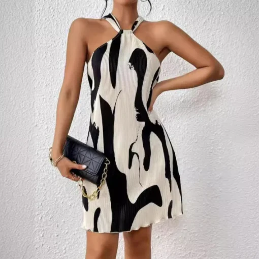 Ohsisa Summer Holiday Women's Full Printed Pleated Stretchy Sleeveless Curve Midi Casual Dresses - 图片 5