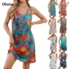 Ohsisa Women Summer Dresses V-neck Sleeveless Floral Printed Loose Waist Vest Dress Woman's Beach Casual Short Dress