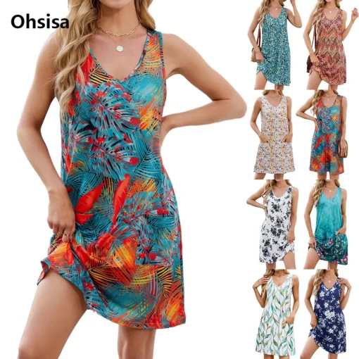 Ohsisa Women Summer Dresses V-neck Sleeveless Floral Printed Loose Waist Vest Dress Woman's Beach Casual Short Dress