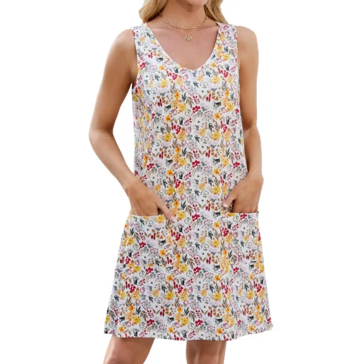 Ohsisa Women Summer Dresses V-neck Sleeveless Floral Printed Loose Waist Vest Dress Woman's Beach Casual Short Dress - 图片 2