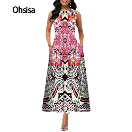 Ohsisa 2025 Fashion Summer Ladies Sleeveless Long Plus Size Women Office Positioning Print Swing Skirt Casual Dresses