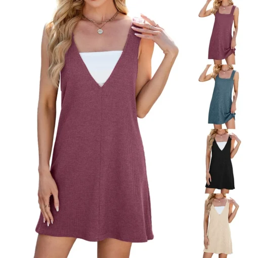 Ohsisa 2025 Summer Casual Loose Dress European American New Pure Color V Neck Square Neck Woman Dress - 图片 6