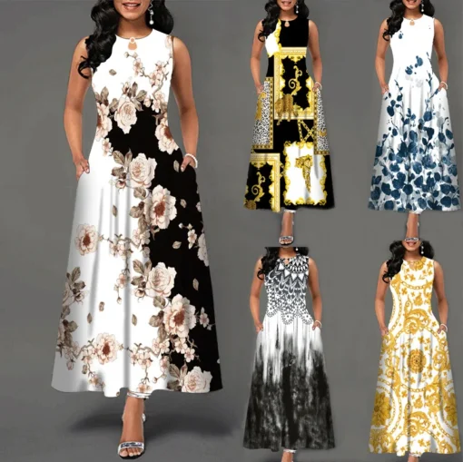 Ohsisa 2025 Fashion Summer Ladies Sleeveless Long Plus Size Women Office Positioning Print Swing Skirt Casual Dresses - 图片 2