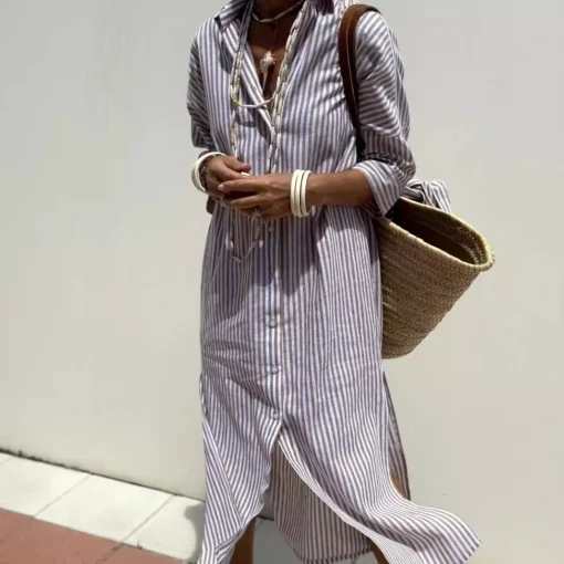 Ohsisa 2025 Spring European and American Women's New Half Sleeve Striped Cardigan Lapel Shirt Long Women's Dress - 图片 2