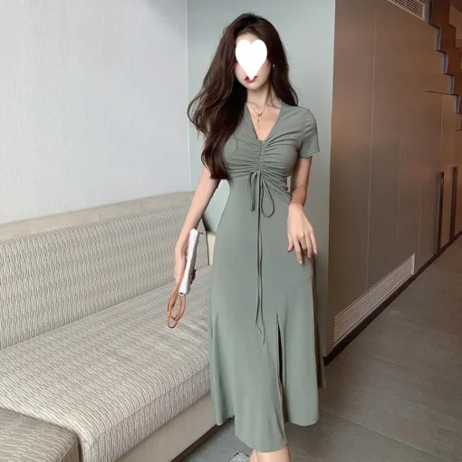 Casual Dress Summer Over-the-Knee Long Dress with Elastic Waist Slimming Split Elegant V-neck Women's Dress - 图片 6