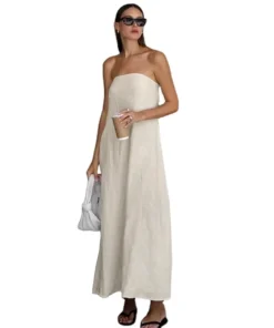 Ohsisa 2025 New Women Cotton Linen Dress Simple Lady Elegant Sleeveless Maxi Dresses Solid Color Casual Strapless Long Dress
