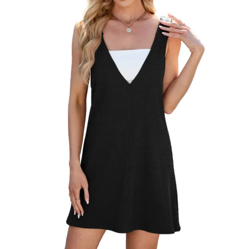 Ohsisa 2025 Summer Casual Loose Dress European American New Pure Color V Neck Square Neck Woman Dress - 图片 2
