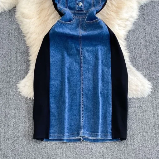 Summer Korean Style Ladylike Short Sleeve Round Neck Waist-Cinching Slimming Denim Splicing A-Line Women's Casual T-Shirt Dress - 图片 3