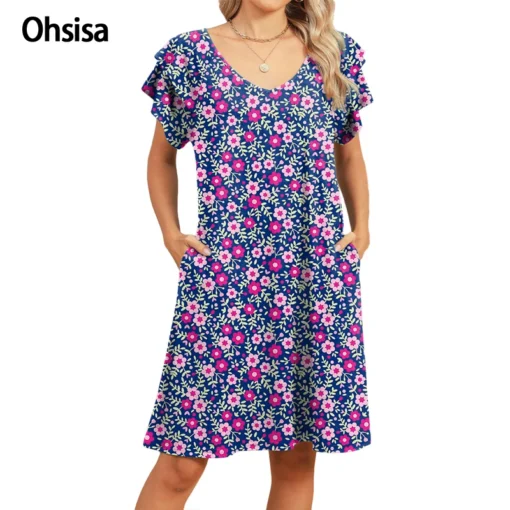 Ohsisa 2025 Women's Fashion V-Neck Pocket Print Double Layer Ruffle Sleeve Short Dress Floral Pattern Front Woman Dress
