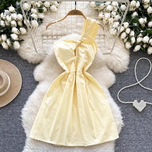Ohsisa 2025 Summer New Dress Vacation Elegant and Fashionable Slant Neck Hollow Waist Mid Length Solid Dress