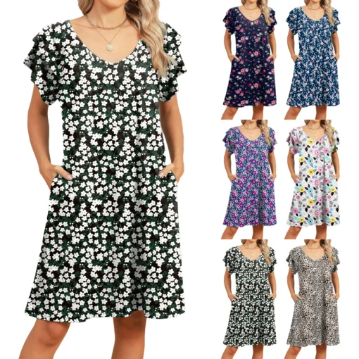 Ohsisa 2025 Women's Fashion V-Neck Pocket Print Double Layer Ruffle Sleeve Short Dress Floral Pattern Front Woman Dress - 图片 6