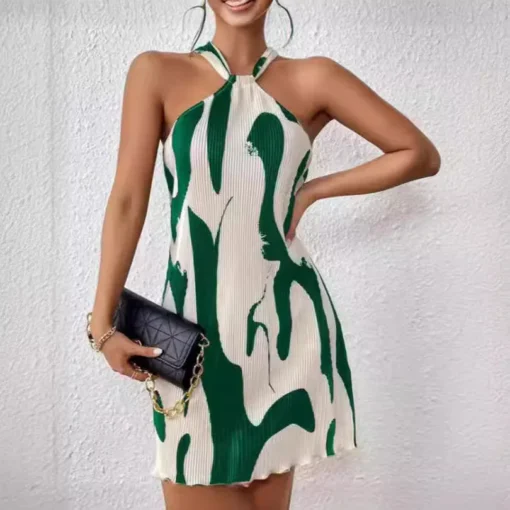 Ohsisa Summer Holiday Women's Full Printed Pleated Stretchy Sleeveless Curve Midi Casual Dresses - 图片 3