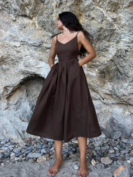 Ohsisa 2025 European and American Summer Dress Elegant and Sexy Strap Back Solid Color Pure Cotton Dress - 图片 3