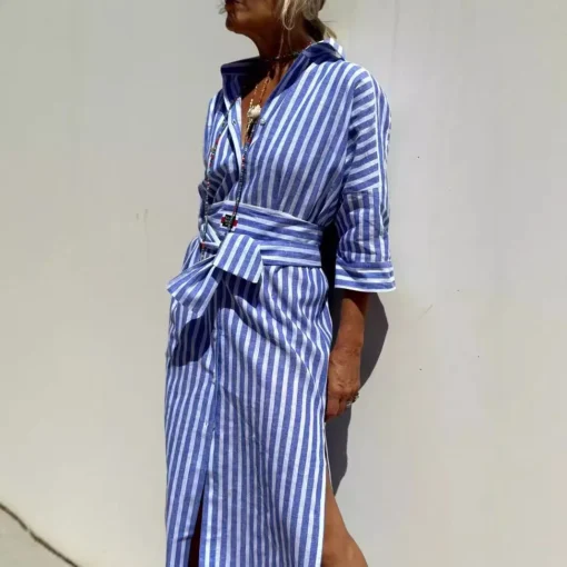 Ohsisa 2025 Spring European and American Women's New Half Sleeve Striped Cardigan Lapel Shirt Long Women's Dress - 图片 3