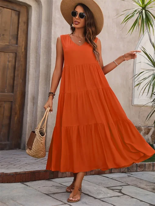 2025 Women's Elegant Holiday V Neck Dress Solid Color A-Line Cake Skirt with Loose Layered Patchwork Hem Summer Chiffon Material - 图片 6