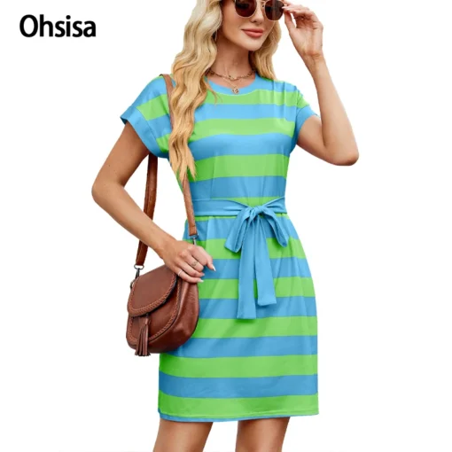 Ohsisa 2025 Spring Summer New Striped Neck Loose Short Sleeve Casual Plain Dyed Chiffon Woman Dress