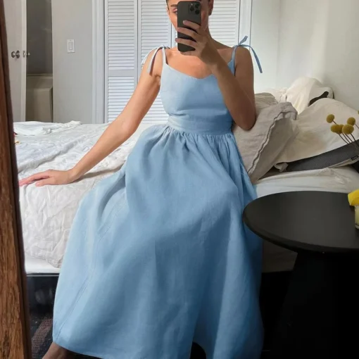Ohsisa 2025 European and American Summer Dress Elegant and Sexy Strap Back Solid Color Pure Cotton Dress - 图片 2