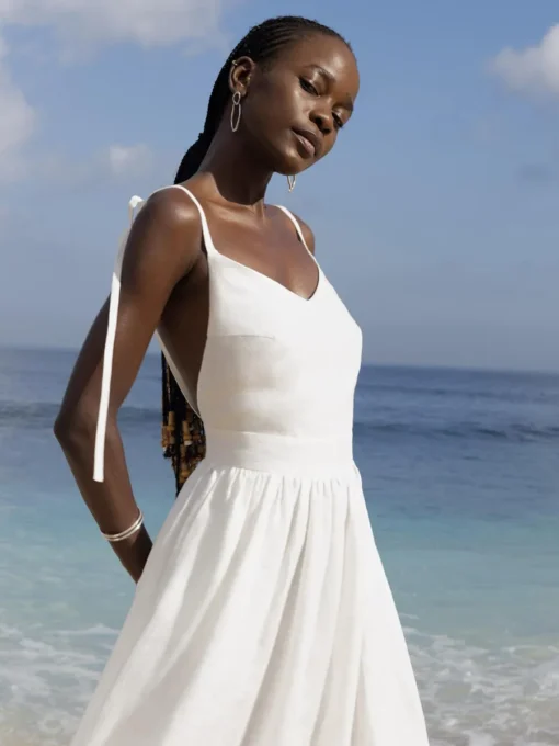 Ohsisa 2025 European and American Summer Dress Elegant and Sexy Strap Back Solid Color Pure Cotton Dress - 图片 6