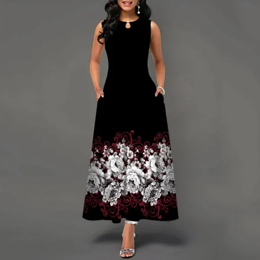 Ohsisa 2025 Fashion Summer Ladies Sleeveless Long Plus Size Women Office Positioning Print Swing Skirt Casual Dresses - 图片 5