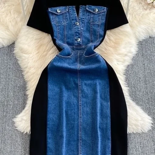 Summer Korean Style Ladylike Short Sleeve Round Neck Waist-Cinching Slimming Denim Splicing A-Line Women's Casual T-Shirt Dress - 图片 4