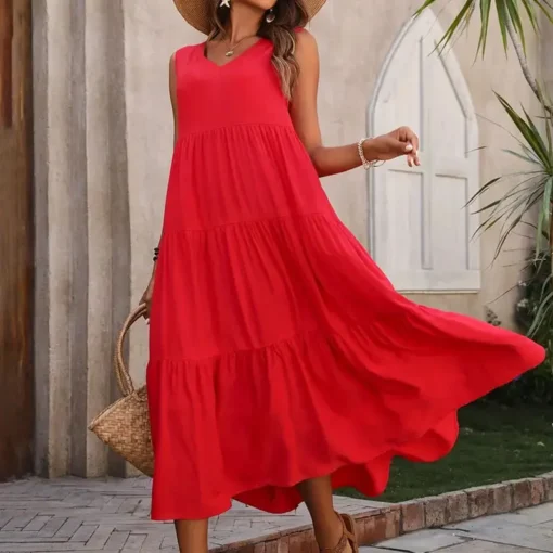 2025 Women's Elegant Holiday V Neck Dress Solid Color A-Line Cake Skirt with Loose Layered Patchwork Hem Summer Chiffon Material - 图片 4