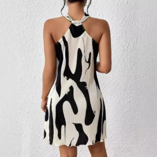 Ohsisa Summer Holiday Women's Full Printed Pleated Stretchy Sleeveless Curve Midi Casual Dresses - 图片 4