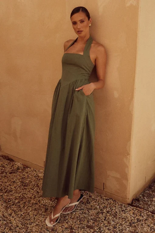 Ohsisa 2025 Summer New Women's Dress Fashionable and Elegant Strap Hanging Neck Bareback Soild Dress - 图片 4