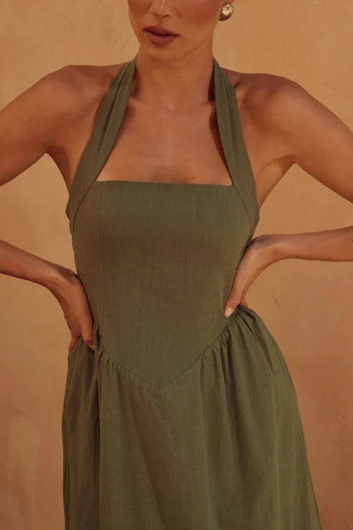 Ohsisa 2025 Summer New Women's Dress Fashionable and Elegant Strap Hanging Neck Bareback Soild Dress - 图片 6
