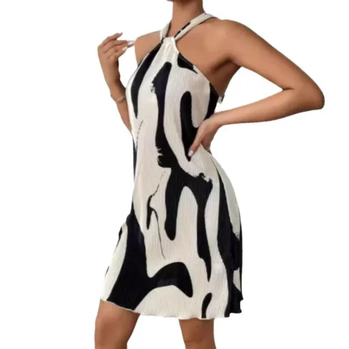 Ohsisa Summer Holiday Women's Full Printed Pleated Stretchy Sleeveless Curve Midi Casual Dresses - 图片 2