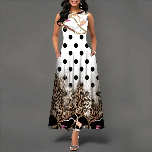 Ohsisa 2025 Fashion Summer Ladies Sleeveless Long Plus Size Women Office Positioning Print Swing Skirt Casual Dresses - 图片 4