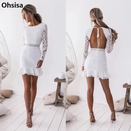 Women's Sexy Lace Dress New Beach Party Backless Waist Pencil Slim Long Sleeve Lacy Lace Casual Mini Dress