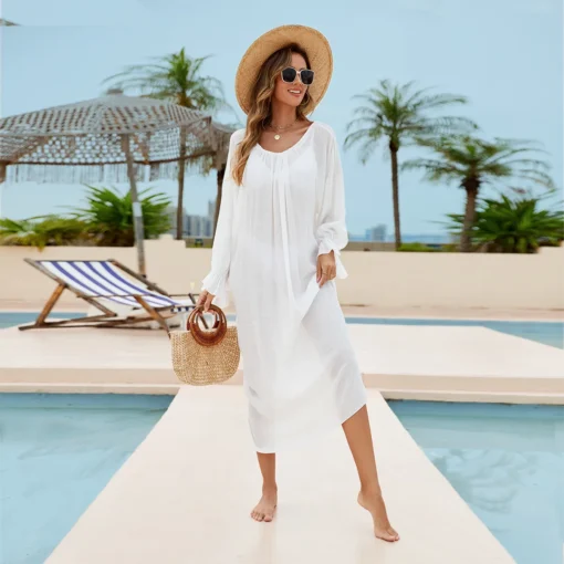Ohsisa 2025 New for Woman Dress Clothing Home Skirt Neck Deep V Large Backless Bikini Cover-Up Solid Pattern Woman Dress - 图片 2
