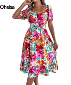 2025 European American Casual A-Line Skirt Floral Waist Ruffles Square Neck Short Sleeves Women's Dress