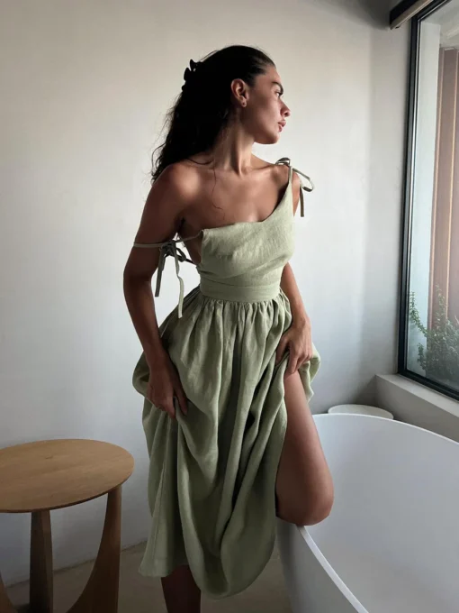 Ohsisa 2025 European and American Summer Dress Elegant and Sexy Strap Back Solid Color Pure Cotton Dress - 图片 5
