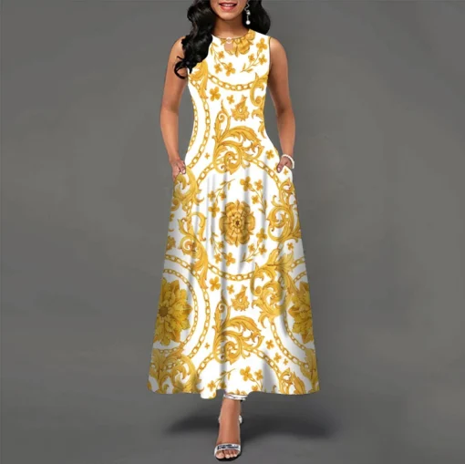 Ohsisa 2025 Fashion Summer Ladies Sleeveless Long Plus Size Women Office Positioning Print Swing Skirt Casual Dresses - 图片 6