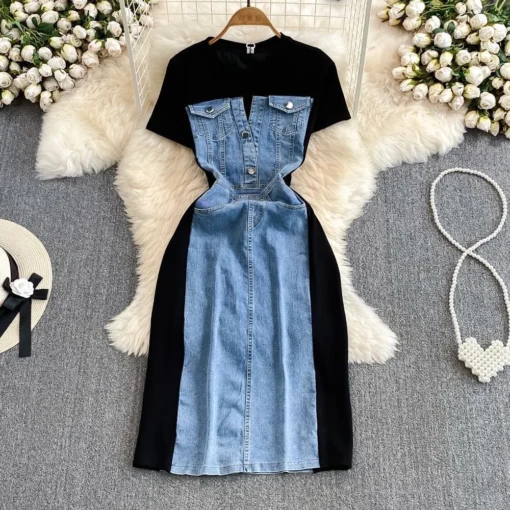 Summer Korean Style Ladylike Short Sleeve Round Neck Waist-Cinching Slimming Denim Splicing A-Line Women's Casual T-Shirt Dress - 图片 5