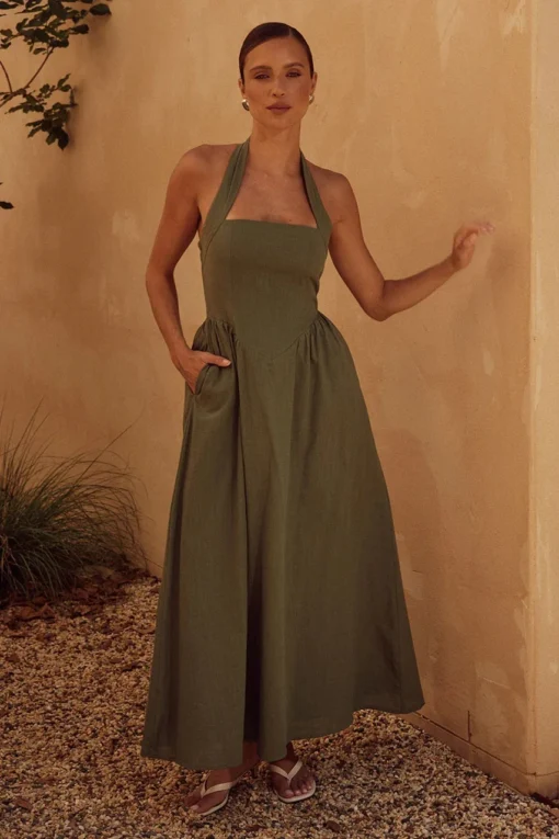 Ohsisa 2025 Summer New Women's Dress Fashionable and Elegant Strap Hanging Neck Bareback Soild Dress - 图片 3