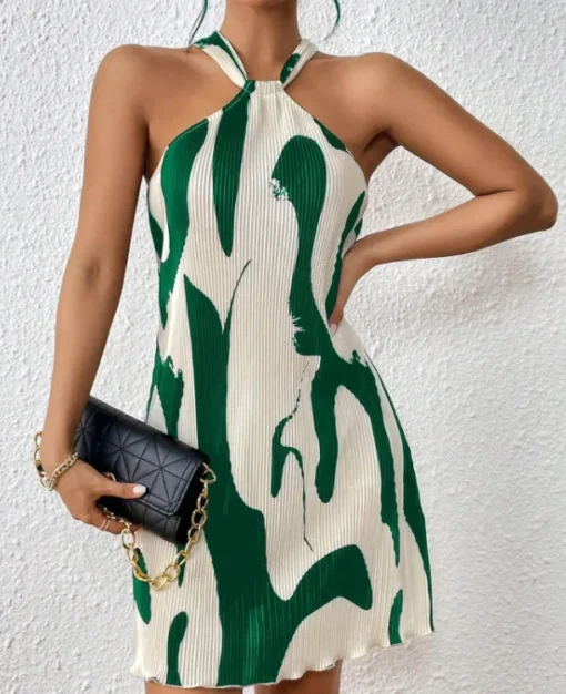 Ohsisa Summer Holiday Women's Full Printed Pleated Stretchy Sleeveless Curve Midi Casual Dresses - 图片 6