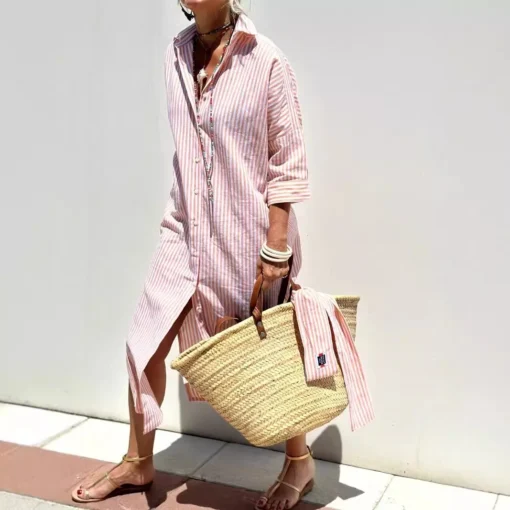 Ohsisa 2025 Spring European and American Women's New Half Sleeve Striped Cardigan Lapel Shirt Long Women's Dress - 图片 4