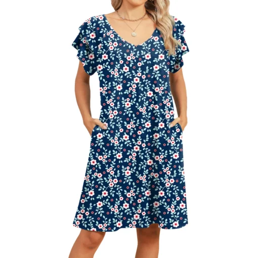 Ohsisa 2025 Women's Fashion V-Neck Pocket Print Double Layer Ruffle Sleeve Short Dress Floral Pattern Front Woman Dress - 图片 3