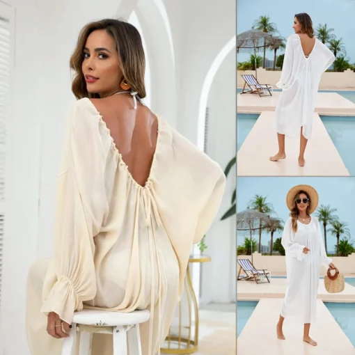 Ohsisa 2025 New for Woman Dress Clothing Home Skirt Neck Deep V Large Backless Bikini Cover-Up Solid Pattern Woman Dress - 图片 6